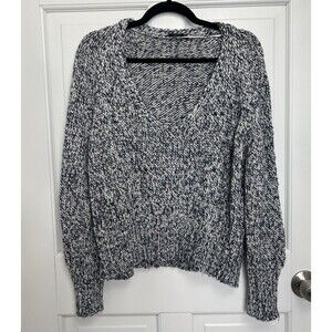 Zara Chunky Knit Cropped Sweater Womens Size Small Blue Marled V-Neck Wool Blend